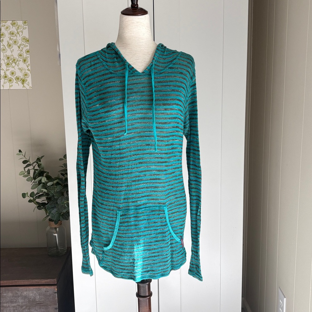 Hard Tail Teal and Gray Striped Lightweight Hoodie Sz S EUC